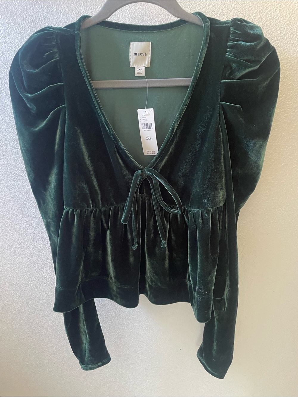Maeve Deep Emerald Velvet Tie-Front Puff Sleeve Blouse